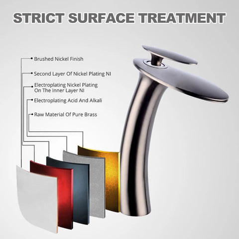 Brushed Nickel Waterfall Bathroom Faucet With Single Handle And Single Hole Brass Lavatory Vanity Vessel Faucet Spa Vibe Slanted Body Surface Layers