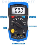 Front view of Capacitor Tester and Digital Multimeter Capacitance Meter 200pF To 20mF Handheld with Backlight, data hold, and input jacks.