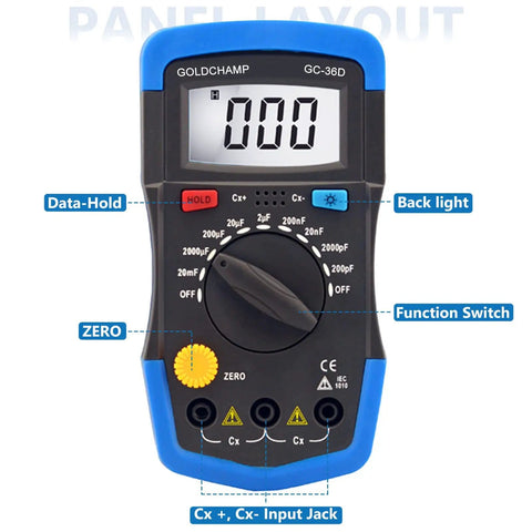 Front view of Capacitor Tester and Digital Multimeter Capacitance Meter 200pF To 20mF Handheld with Backlight, data hold, and input jacks.