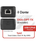 Ultimate ToVi Dante Optical Encoder with USB-C and PoE power input, showing front and rear views of the device.