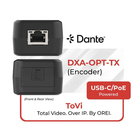 Ultimate ToVi Dante Optical Encoder with USB-C and PoE power input, showing front and rear views of the device.