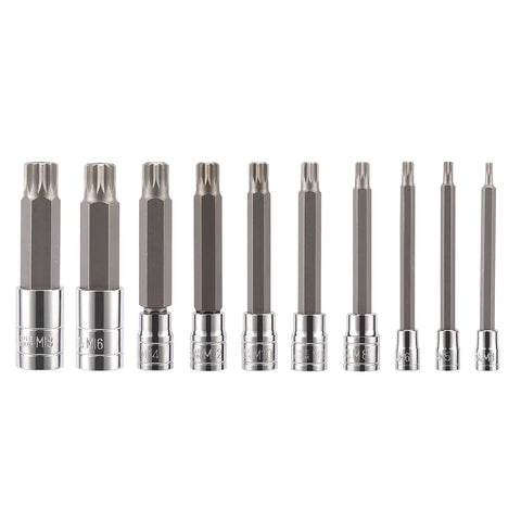 M Type Spline Bit Socket Set With S2 Alloy Bits And Chromium Vanadium Sockets Extra Long Four Inch Length Heavy Duty Quarter Inch
