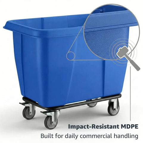 Solid Build Blue Cube Truck 12 Cubic Feet Heavy Duty Rolling Garbage Wagon With Easy Glide Swivel Casters Industrial Grade Laundry Cart, impact-resistant MDPE material.