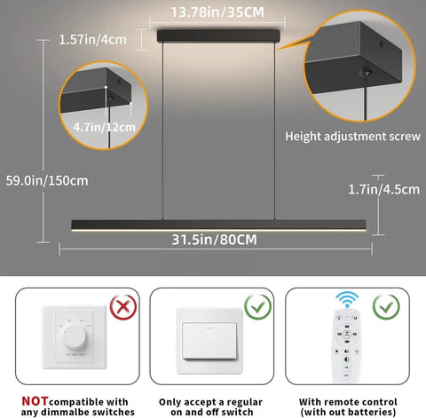 Dimensions and features of Zihoi Modern Ceiling Pendant Light,31.5in LED Black Linear Ceiling Chandelier Light.