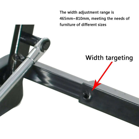 Close-up of Lift Top Coffee Table Mechanism with Hinge Spring and Pneumatic Assist, width adjustable from 18.3 to 32 inches.