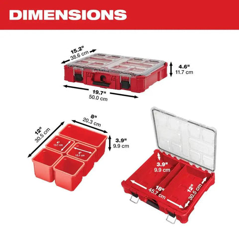 Ten Bin Modular Tool Organizer Case With IP65 Weather Seal and impact resistant construction, dimensions shown