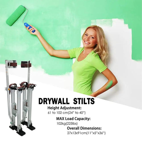 Adjustable Drywall Stilts 18 To 30 Inches Aluminum Walking Stilt for taping painting cleaning shown with roller and painter