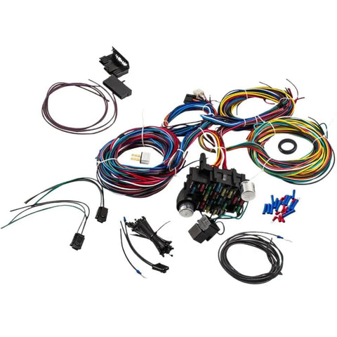 Wiring Harness And Fuse Kit For Universal 12V Headlights, 21 Circuits With Plug Connector, 17 ATO ATC Fuses, Color Coded Wiring