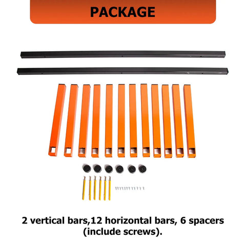 Heavy Duty Six Shelf Lumber Rack Wall Mount Wood Organizer Built Tough For Garage Storage Rock Solid Steel Construction parts and accessories displayed.
