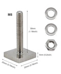 304 Stainless Steel Roof Rack T Slot Bolts With Nuts, Washers And Square Sliding Blocks, M8x30, dimensions shown