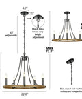 Five Light Farmhouse Chandelier With Vintage Candle Look Black Finish for Dining Room Living Room Kitchen and Bedroom, 22.8 Inch Hanging Light Fixture with E12 Sockets shown with dimensions and adjustable chain details.