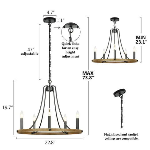 Five Light Farmhouse Chandelier With Vintage Candle Look Black Finish for Dining Room Living Room Kitchen and Bedroom, 22.8 Inch Hanging Light Fixture with E12 Sockets shown with dimensions and adjustable chain details.