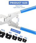 No Sweat Rotating Cage Nut Wrench with blue handles and metal jaws, maximum open size 2.5cm, fits M4 M5 M6 M8 M10 threaded inserts.
