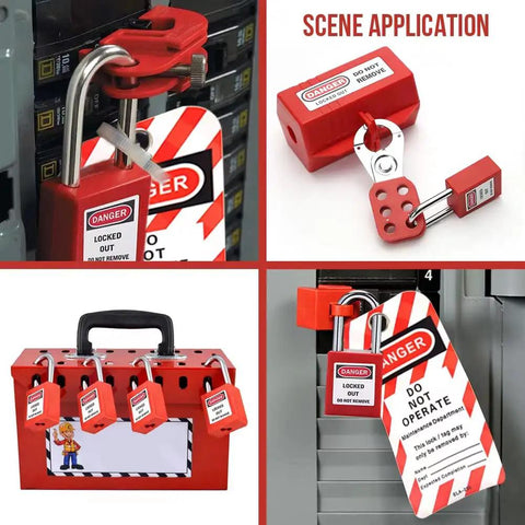 Lockout Tagout Lock Box Kit For Safer Workspaces Four Pack Portable Safety Padlock Box In Use With Locks And Tags