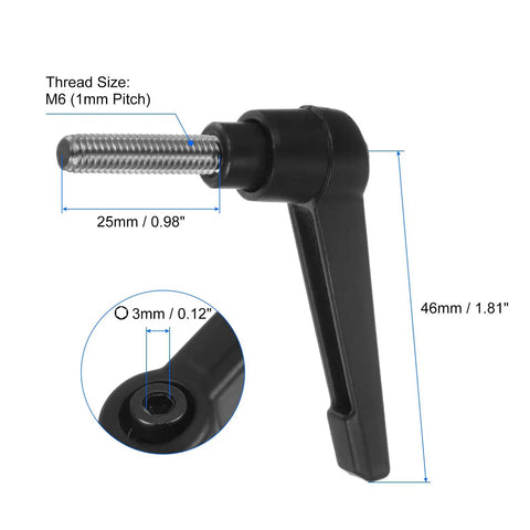 Dead Nuts Secure 4 Pack M6 Clamping Levers With Stainless Threaded Studs And Quick Release Toggle Knobs That Snap Into Place For Workshops Tools And Cabinetry Builds Black, showing threaded rod and lever dimensions.