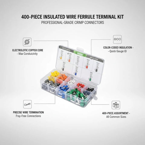 Grab This Awesome 400 Piece Insulated Wire Ferrule Terminal Kit With Color Coded Copper Crimp Connectors To Tame Stranded Wires And Keep Control Panels Or Automotive DIY Projects Rocking Smoothly Without Any Loose Strands. 400-piece color coded ferrule kit in storage box