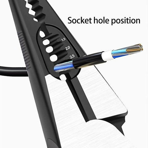 Pro Grade Wire Stripping Tool With Built-In Electricity Tester showing socket hole position with wire in place
