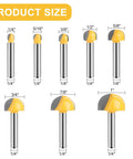 Kickass Eight Piece Solid Carbide Router Bit Set With 1/4 Inch Shank For Smooth Cove Box And Round Nose Woodworking Cuts In Pro Grade Cabinet Joinery Projects, showing product sizes.