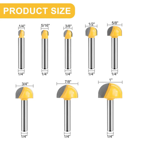 Kickass Eight Piece Solid Carbide Router Bit Set With 1/4 Inch Shank For Smooth Cove Box And Round Nose Woodworking Cuts In Pro Grade Cabinet Joinery Projects, showing product sizes.