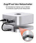 Heavy Hitter Mac Mini M4 Stand Hub delivering 40Gbps Thunderbolt expandability, featuring access hole for power button.