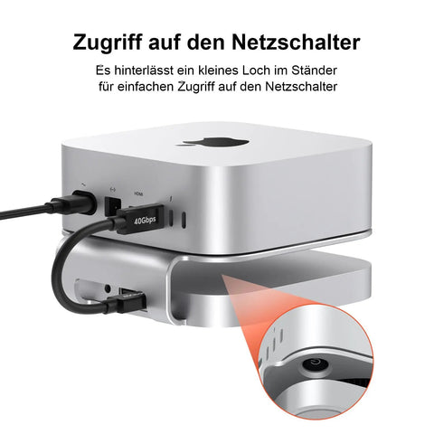 Heavy Hitter Mac Mini M4 Stand Hub delivering 40Gbps Thunderbolt expandability, featuring access hole for power button.