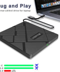 5 In 1 External CD DVD Drive For Laptops With USB C And USB 3 Burn CDs And Play DVDs Read Discs Fast And Quiet Plug And Play Across Windows MacOS And Linux Portable Lightweight black slim USB-C external CD/DVD drive