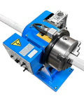 Rock Solid 110 Volt 8 Inch Welding Positioner with 3 jaw chuck and pipe secured, showcasing motorized bench design.