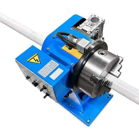 Rock Solid 110 Volt 8 Inch Welding Positioner with 3 jaw chuck and pipe secured, showcasing motorized bench design.