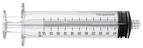 Top Shelf 60 ML Luer Lock Syringes Without Needles, straight view showing measurement lines and tapered tip for liquid transfer.