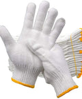 Durable Heavy Duty Cotton Polyester Work Gloves With Rock Solid Grip, 12 Pairs Thick String Knit Safety Gloves For Yard Mechanics Warehouse And Bbq Jobs - close-up of white gloves with yellow cuffs