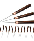 15 Piece Straight Cone Awl Set with Durable Wooden Handle for Leathercraft Sewing and Woodworking Hole Punch projects, showing steel awls.