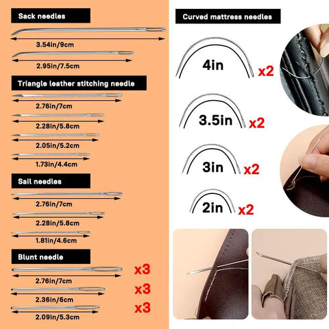 Pro Grade Heavy Duty Leather Upholstery Repair Kit with various sizes of sack, sail, triangle, and curved mattress needles shown