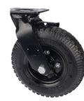 Heavy Duty Eight Inch Pneumatic Rubber Caster With Secure Side Brake and Quick Stem Base, side view showing solid rubber wheel.