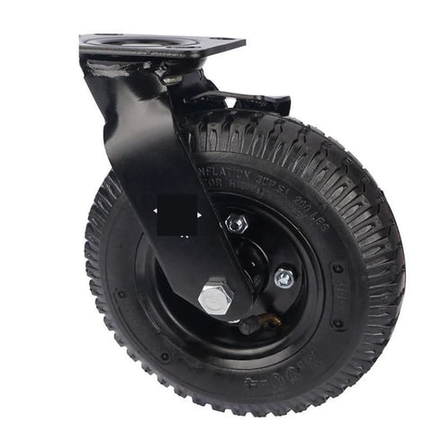 Heavy Duty Eight Inch Pneumatic Rubber Caster With Secure Side Brake and Quick Stem Base, side view showing solid rubber wheel.
