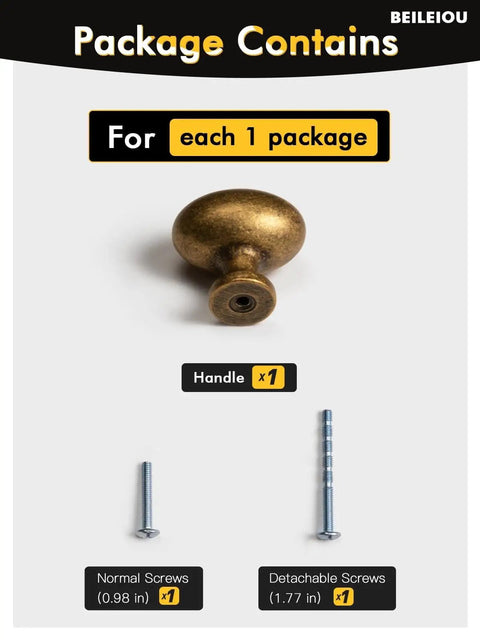 Package contents of Oval Antique Brass Cabinet Knobs Zinc Alloy For Drawers Dresser Cupboard Wardrobe Vintage Hardware