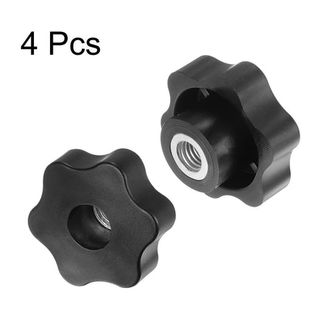 2 black plastic star knobs with M10 female-threaded hole and metal insert