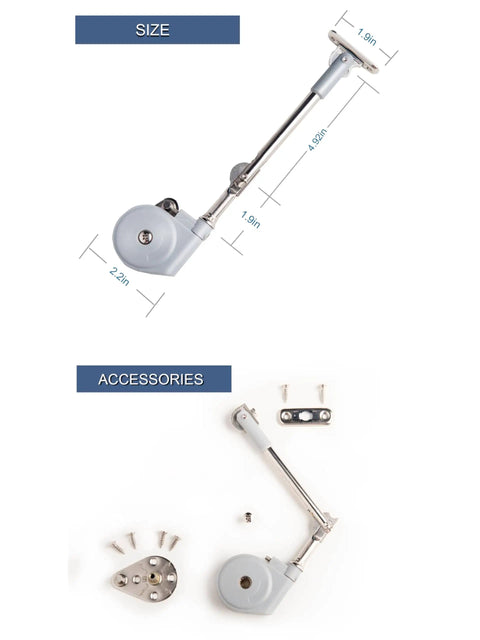Lid Stay 105 Degree Open With Soft Close For Toy Boxes And Upward Top Opening Flap Doors in metal with measurements and parts shown