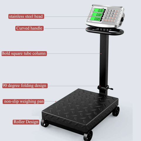 660lb Heavy Duty Floor Platform Scale With Wheels Workhorse Digital Scale For Weighing Luggage And Packages, foldable design
