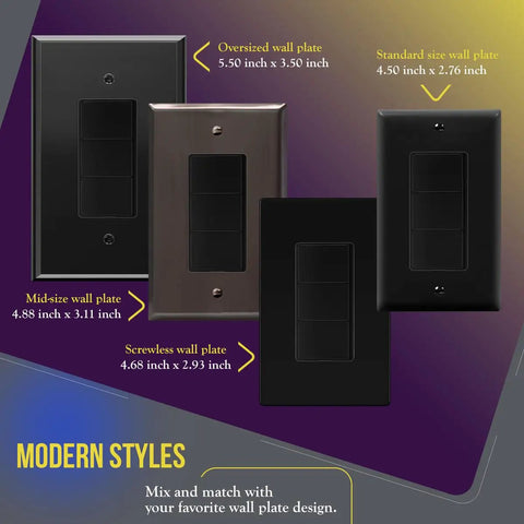 Black Triple Paddle Decorator Light Switch Single Pole 15A Residential Grade That Lets You Run Three Lights From One Location Shallow Body Fits Standard Junction Boxes Durable Polycarbonate Thermoplastic Construction with wall plates