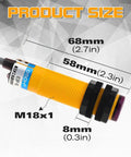 1 Pair M18 Photoelectric Sensor E3F 5DN1 5L Infrared Through Beam Reflective Switch size diagram with measurements 68mm, 58mm, 8mm
