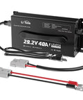 Beefed-Up 24V LiFePO4 Battery Charger, 40A Smart AC-DC Fast Charger with Anderson Connector, shown with cables and mount