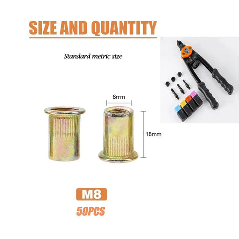 DIY Friendly Heavy Duty M8 Rivet Nut Kit 50 Piece Carbon Steel Nutserts With 1.25mm Thread Pitch, knurled anti slip, metric size