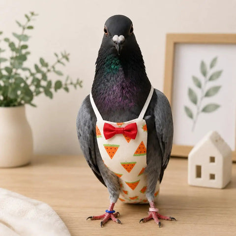 Pigeon wearing XL two pack pigeon diaper pants harness and leash for birds; features colorful design and bow on wooden surface.