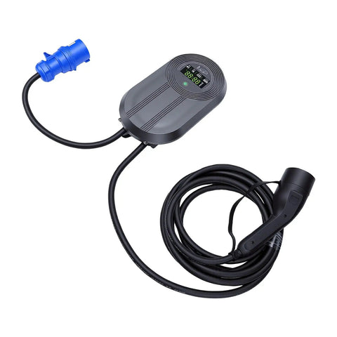 No Sweat Plug And Play Level 2 EV Charger 7kW 32A Wall Mount with digital screen and charging cable.