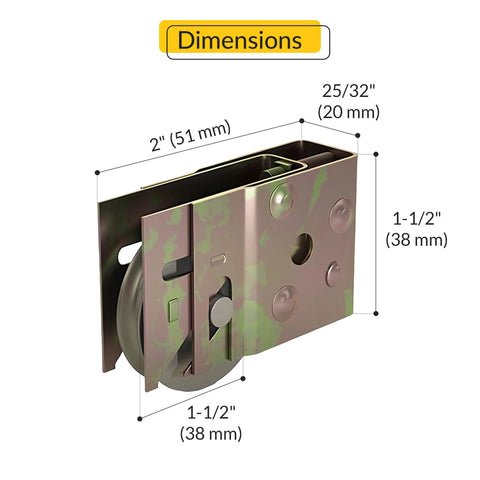 9-366 Stamped Glass Door Roller Assembly for Patio Doors with Adjustable Steel Housing, shown with dimensions labeled.