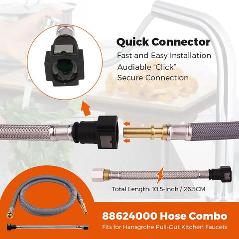 Close-up of Beefy Pull-Out Hose Replacement For Kitchen Faucets With Brass Connectors, highlighting quick connector mechanism.