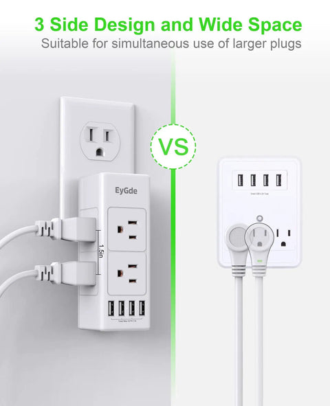 Side-by-side view of Dope 10 In 1 Wall Outlet Hub with 6 AC sockets, 4 USB ports, and a rotating plug vs traditional design