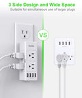 Two Pack 6 Outlet Wall Adapter With Rotating Plug Four USB Ports Three Side Design 1700 Joules Surge Protector comparison