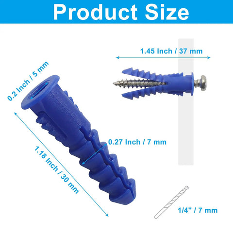 All In One Drywall Anchors And Screws Kit With 100 Blue Plastic Anchors And 201 Stainless Screws size illustration