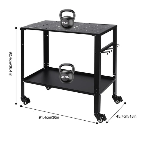 Heavy Duty Welding Table 36 By 18 Inches With A Rock Solid 1200 Lb Capacity Machined Steel Top And Five Eighths Inch Grid Holes Portable Shop Workbench With Brake Casters Built Tough featuring kettlebells on a sturdy cart.